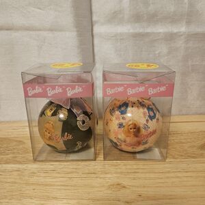 Two BARBIE Matrix Barbie Doll Holiday Ball Christmas Ornaments Mattel